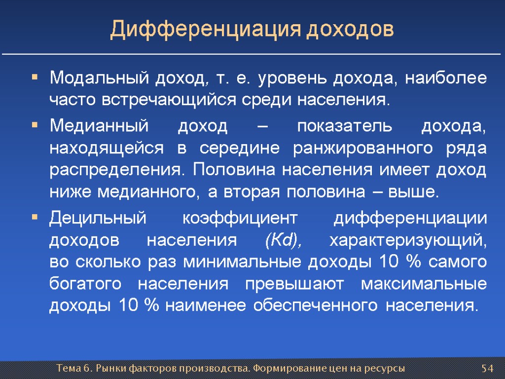 Тема 6. Рынки факторов производства. Формирование цен на ресурсы 54 Дифференциация доходов Модальный доход,